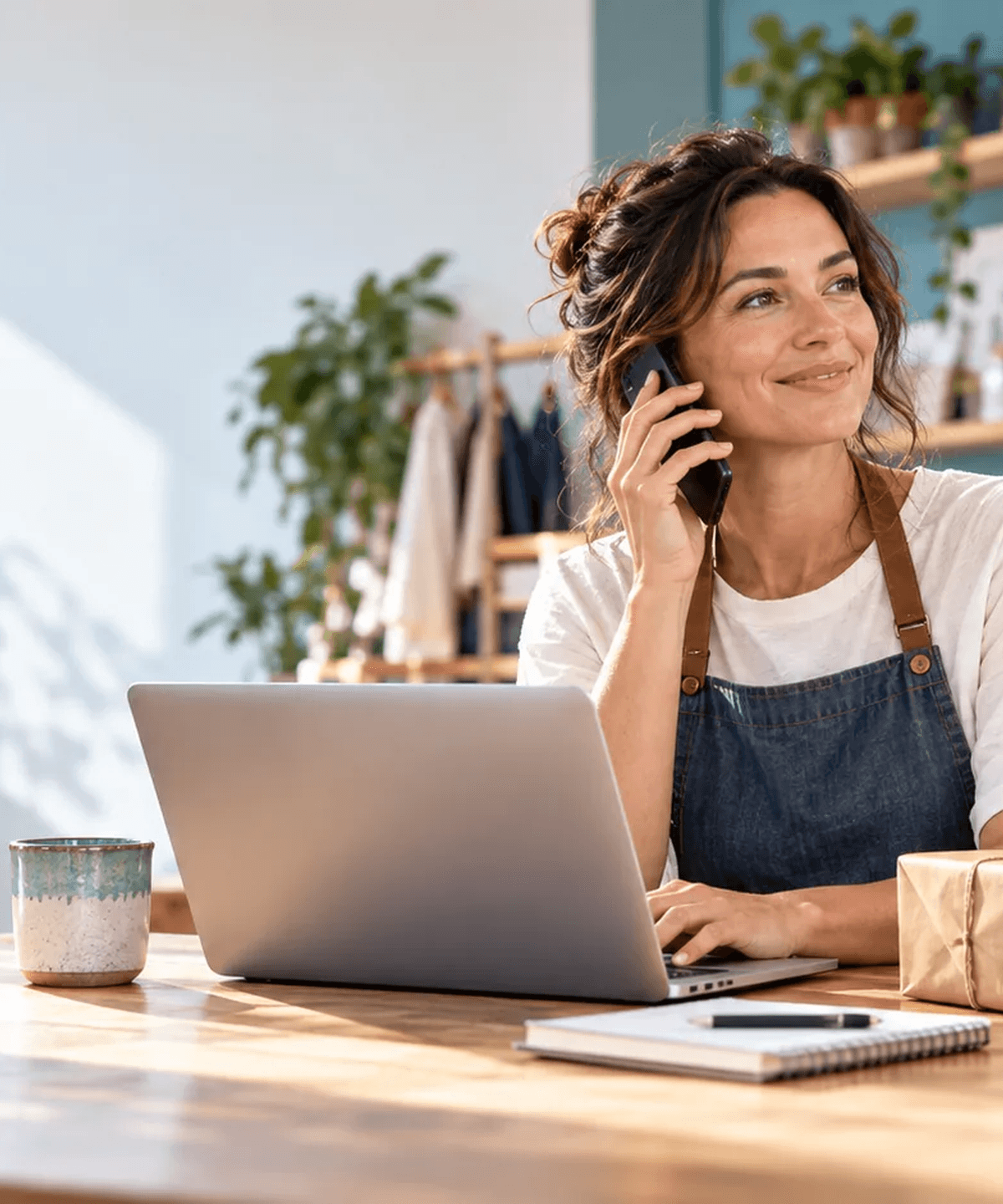 Illustrative small-business owner taking a call at her packing desk while orders are prepared.