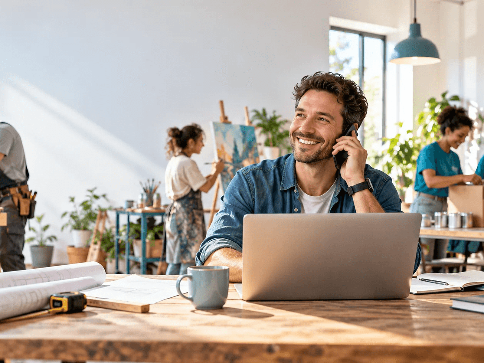 Illustrative small-business owner taking a call while the team keeps working.